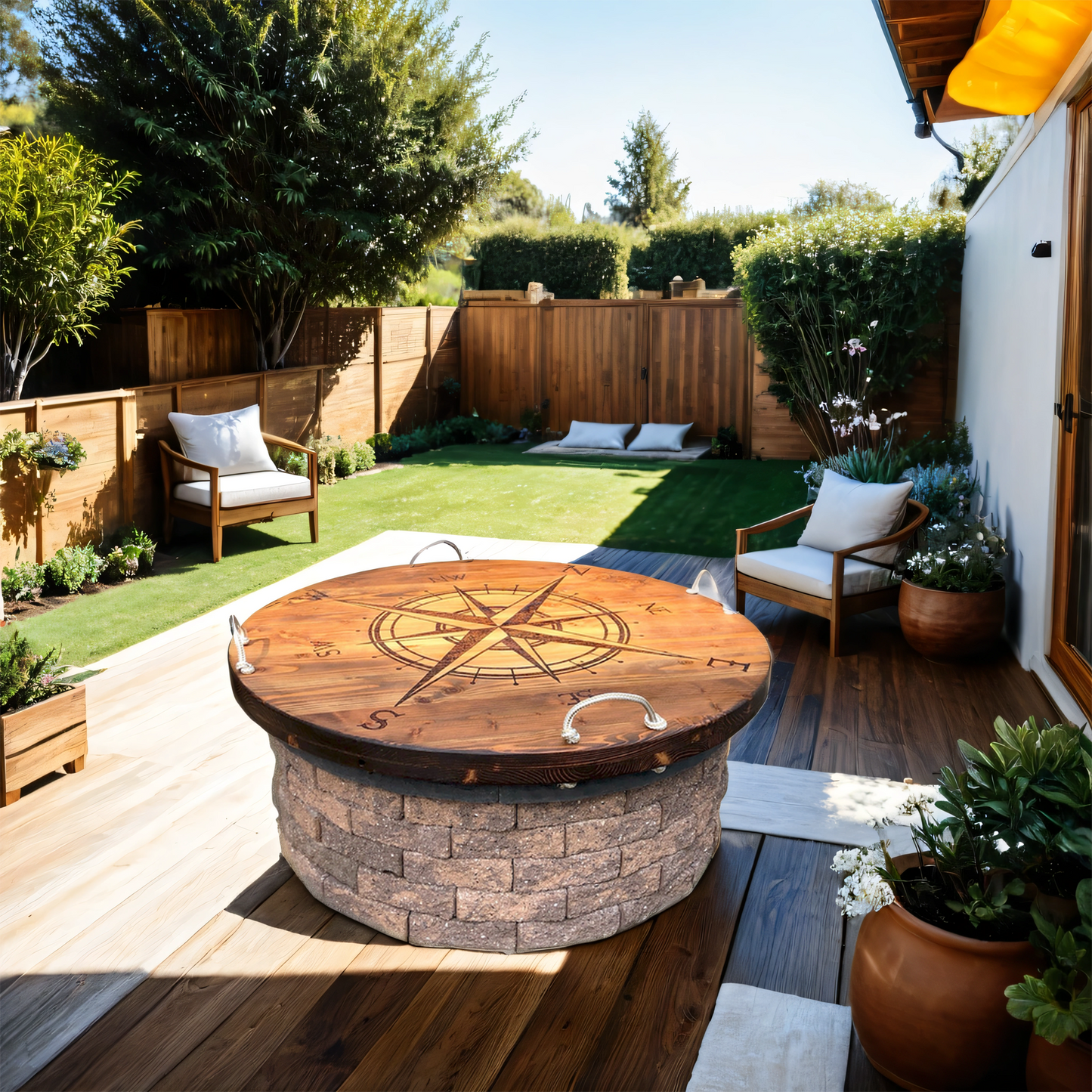 A solid wood fire pit cover with a nautical theme and rope handles, featuring an oversized compass design, placed on a wooden deck with a gras and furniture in the background.