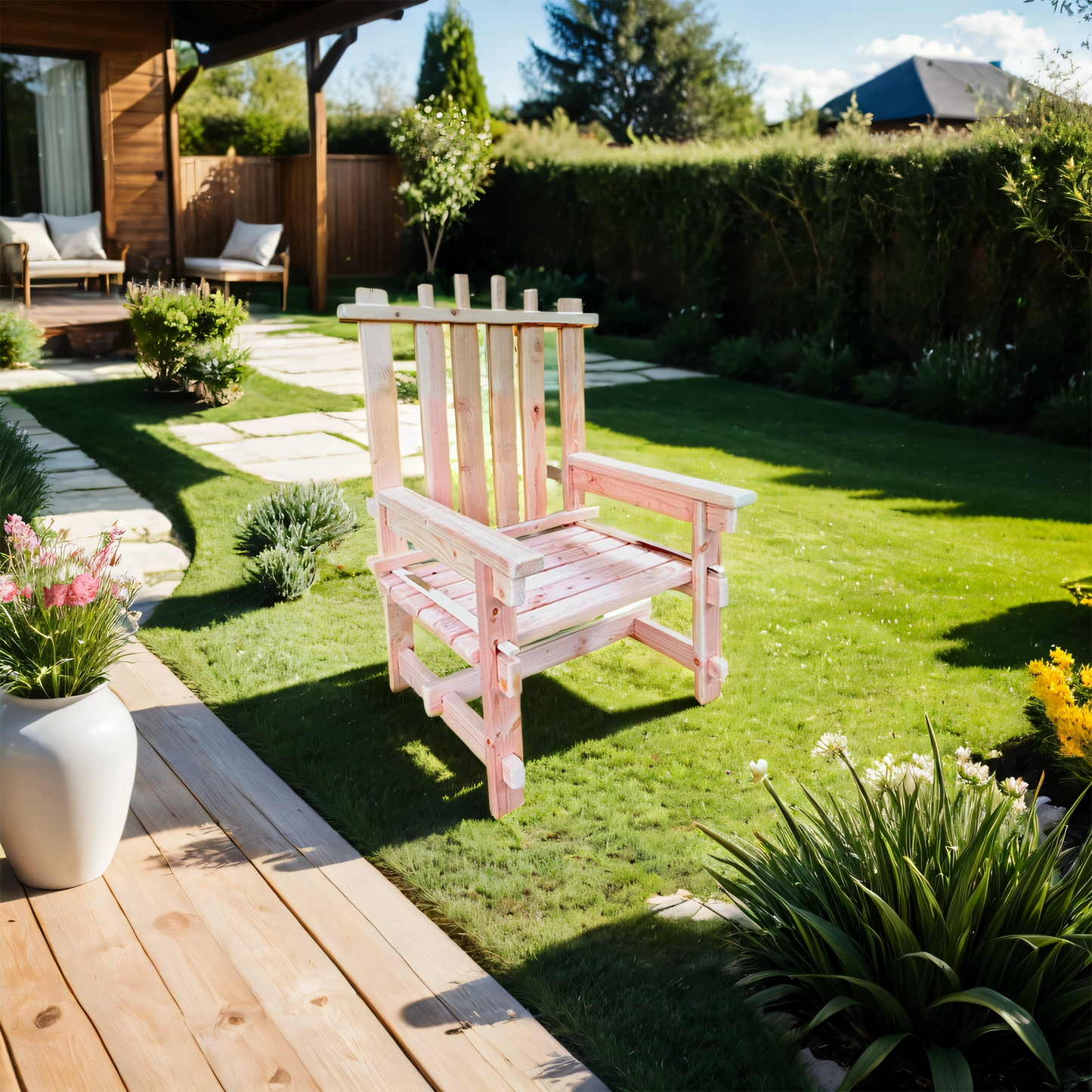 A low back statement chair made of solid FSC-certifed wood assembled without hardware or tools, placed in grass next to a wood deck and greenery in the background.