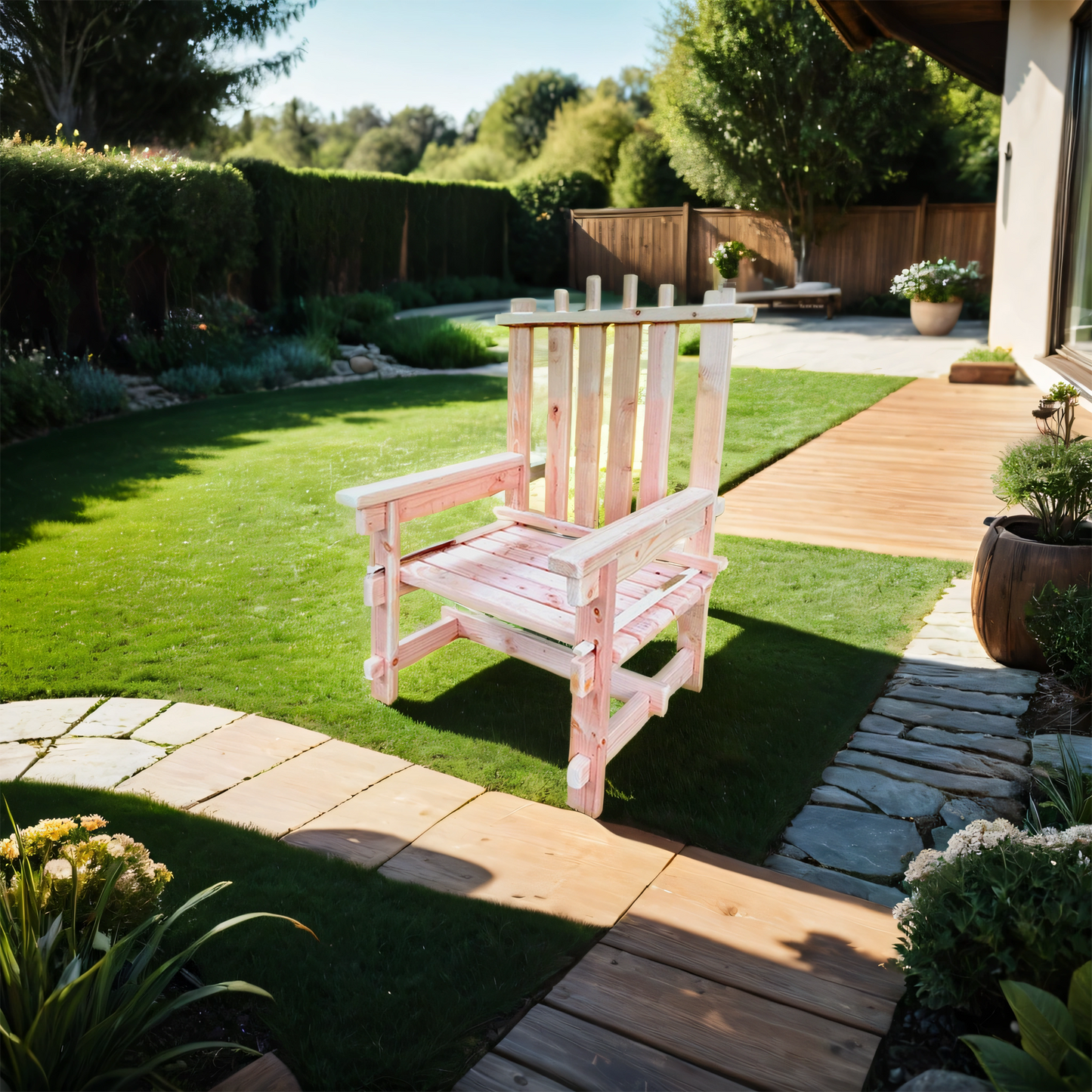 A low back statement chair made of solid FSC-certifed wood assembled without hardware or tools, sitting in the backyard surround by plants.