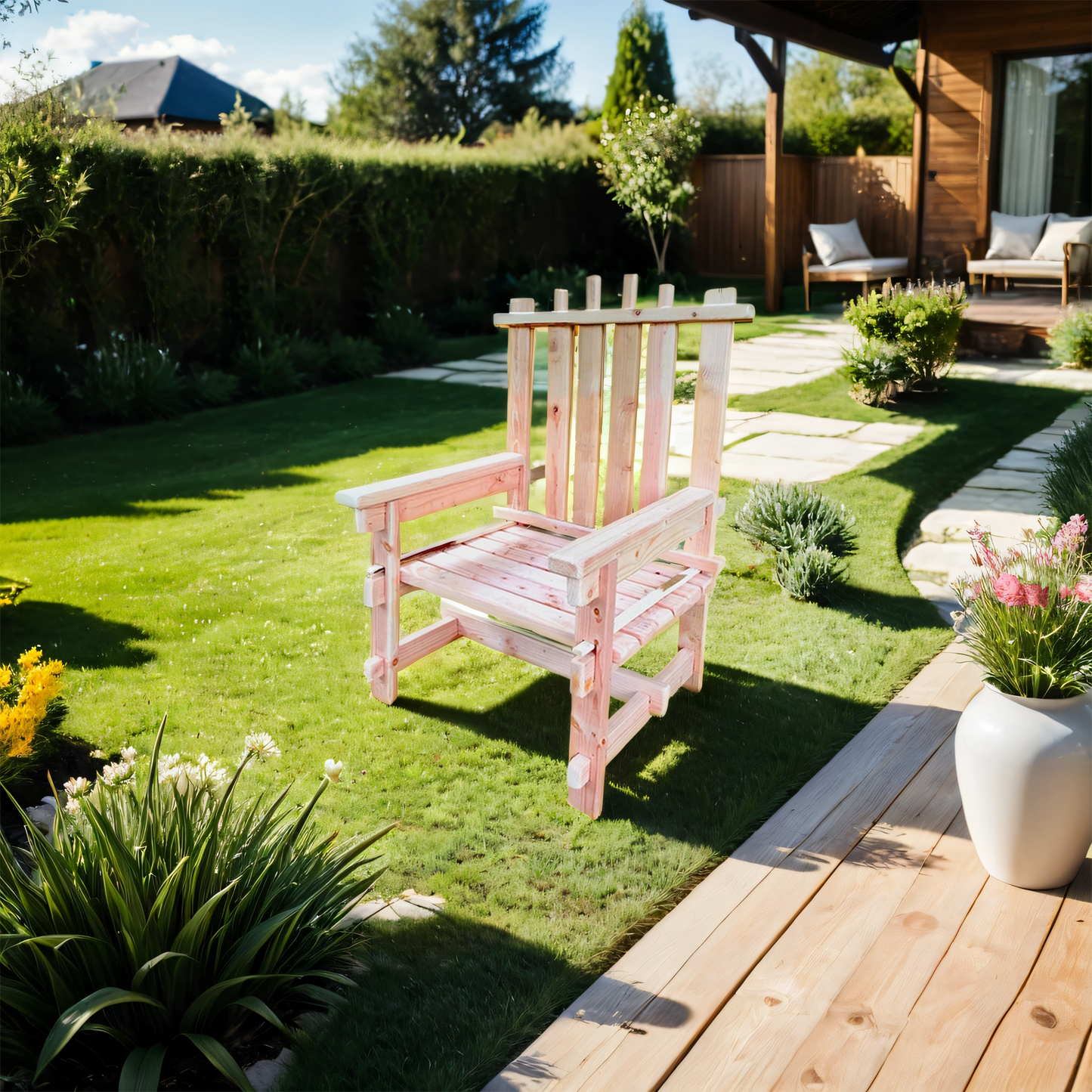 An outdoor solid FSC-certifed wood statement chair featuring no hardware, no tool assembly feature in a garden next to a deck surrounded by plants.