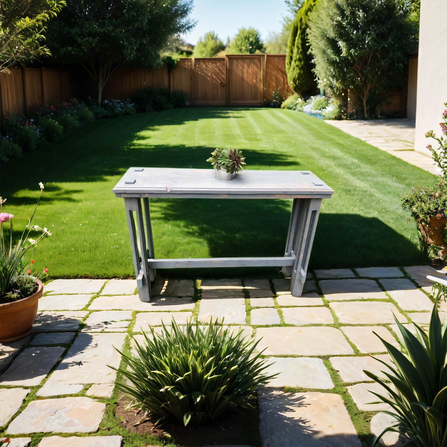 A contemporary bistro table made of solid thermally modifed wood, placed on a paved outdoor area with a plant on top, surrounded by greenery and a wooden fence in the background.