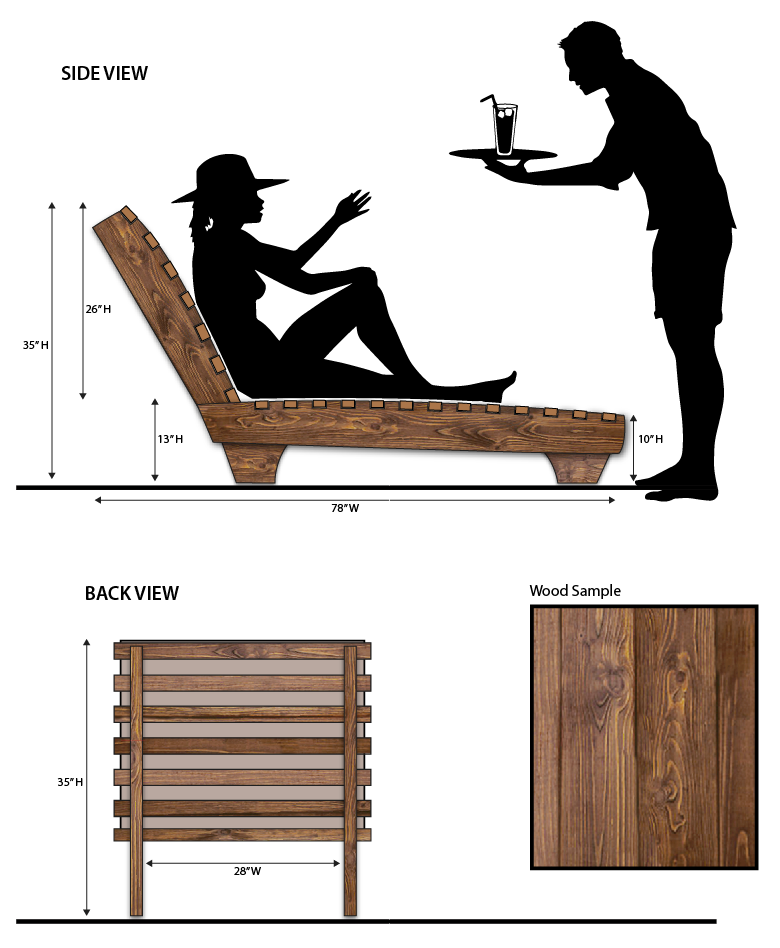 A side view and back view of a brown color FSC-certified solid wood contemporary lounge chair with dimensions and a wood sample shown.