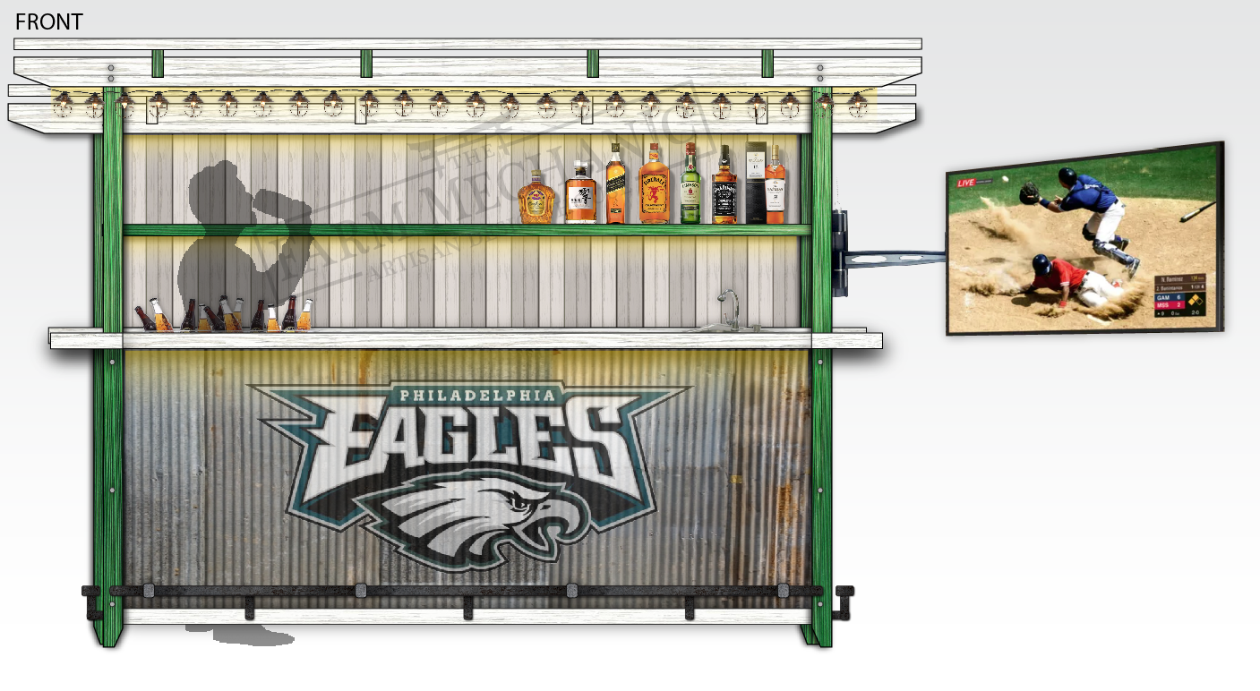 An outdoorwhite and green with a galvanized steel front panel with Phiadelphia Eagles team logo, featuring shelves of bottles, a flat screen TV and a cooler with beer.