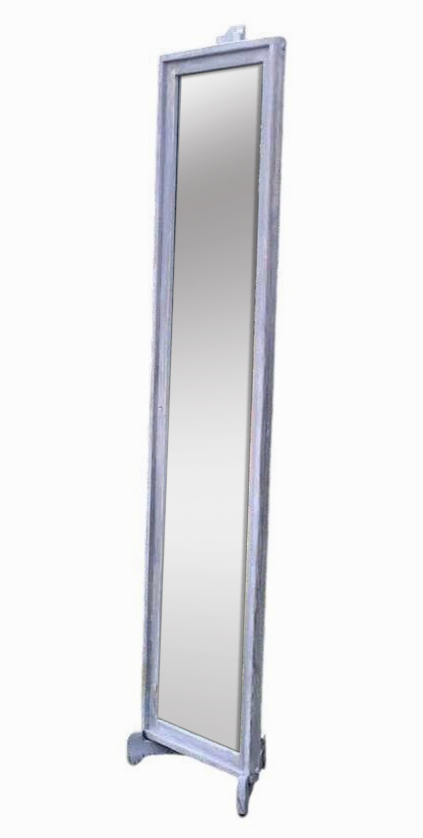 A slender floor mirror with a sculpted easel stand, placed in a white background.