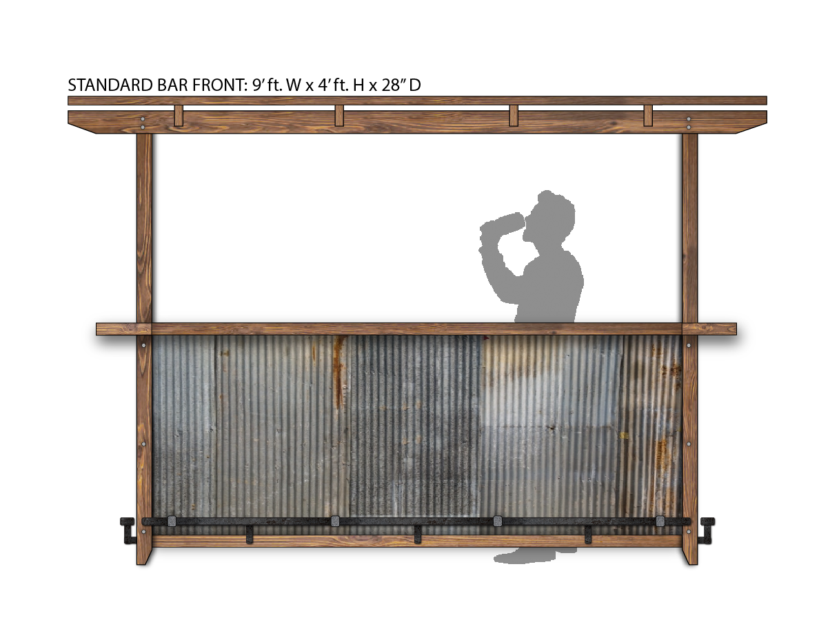 Front view of outdoor bar made of solid wood finished in espresso with galvanized steel front, and black pipe footer placed on a white background.