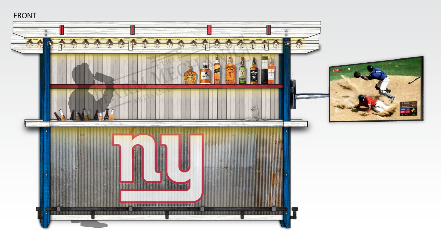 An outdoor bar made of solid wood finished in red, white and blue with a galvanized steel front with NY Giant team logo, featuring shelves of bottles, a flat screen TV and a cooler with beer.