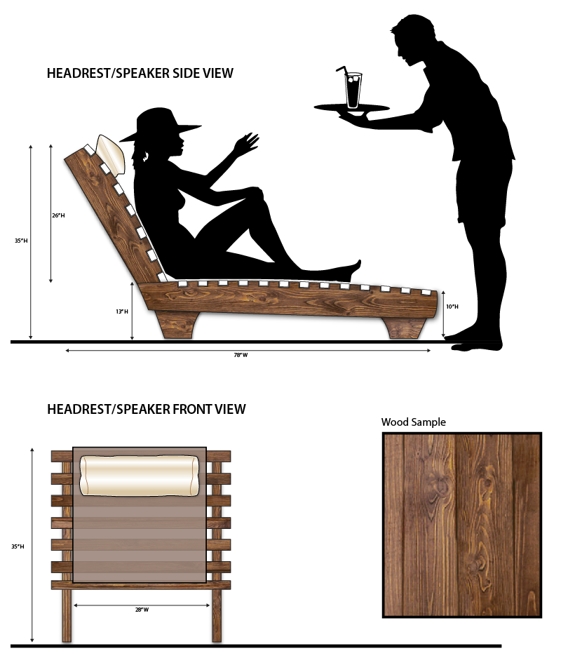 Side view and front view FSC-certified solid wood lounge chair with headrest speaker.