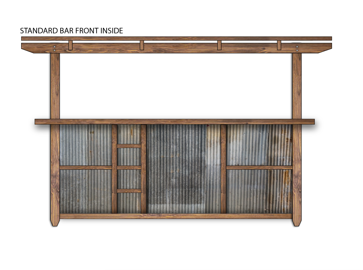 A inside front view of outdoor bar made of solid wood finished in espresso, featuring shelves.