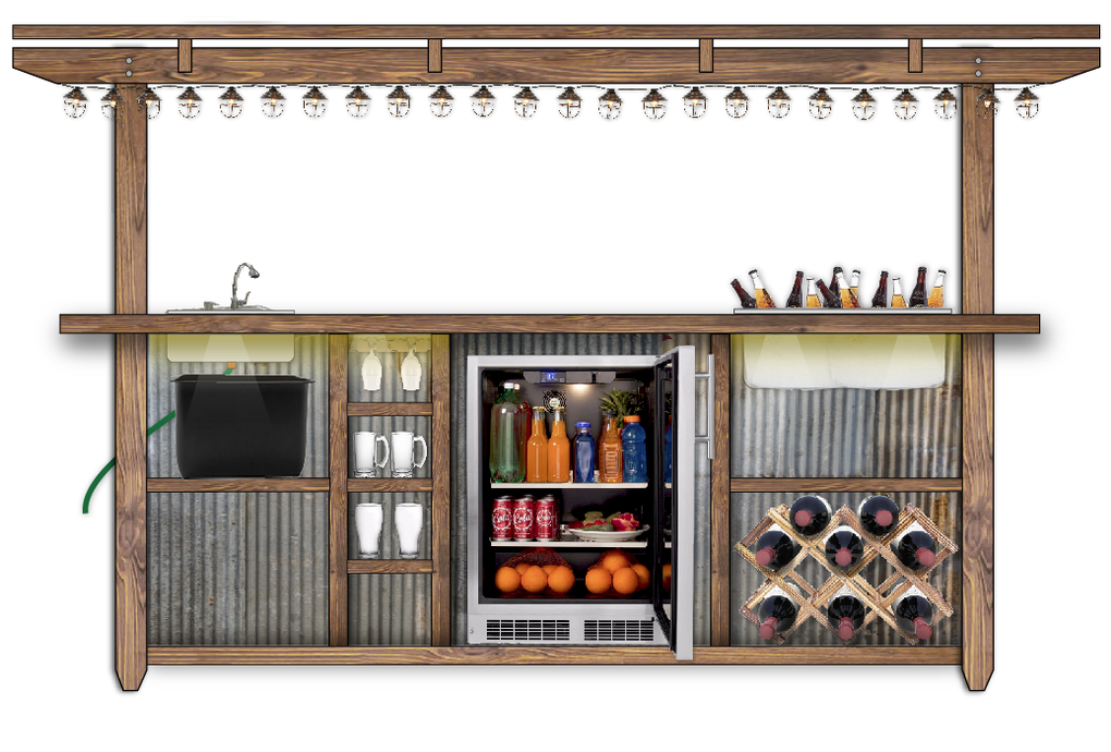 Inside view of a finished outdoor bar made of solid wood finished in espresso with sink, shelves with glasses and mugs, fully stocked fridge, ice bucket with beer bottles and wine rack, galvanized steel front and string lights in front.