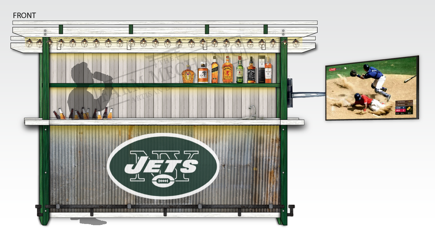 An outdoor bar made of solid wood finished in green and white with a galvanized steel front with NY Jets team logo, featuring shelves of bottles, a flat screen TV and a cooler with beer.