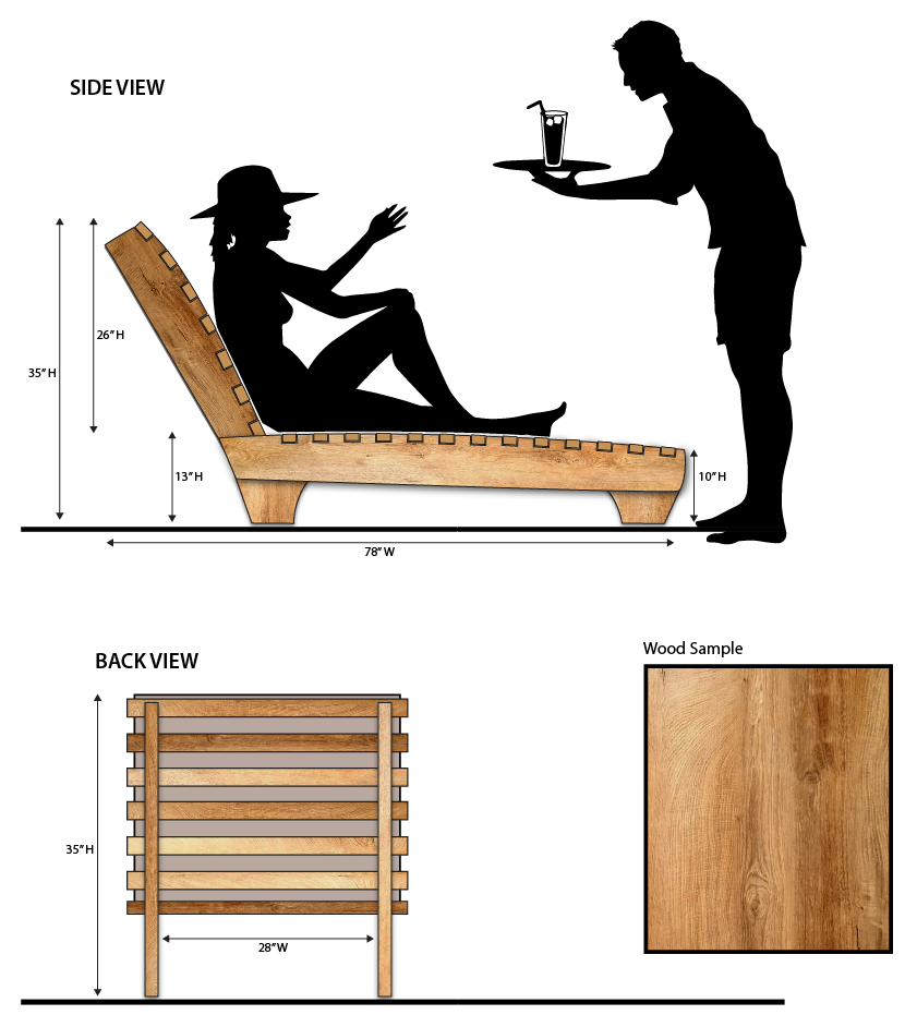 Side view and back view of lightly stained, FSC-certified solid wood contemporary lounge chair with dimensions and a wood sample shown.