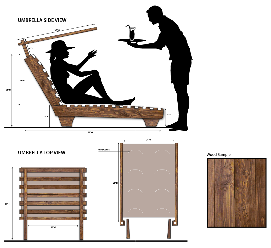 Side view and top view of FSC-certified solid wood contemporary lounge chair with shade/umbrella component. No hardware, no tool assembly. Ships flat.