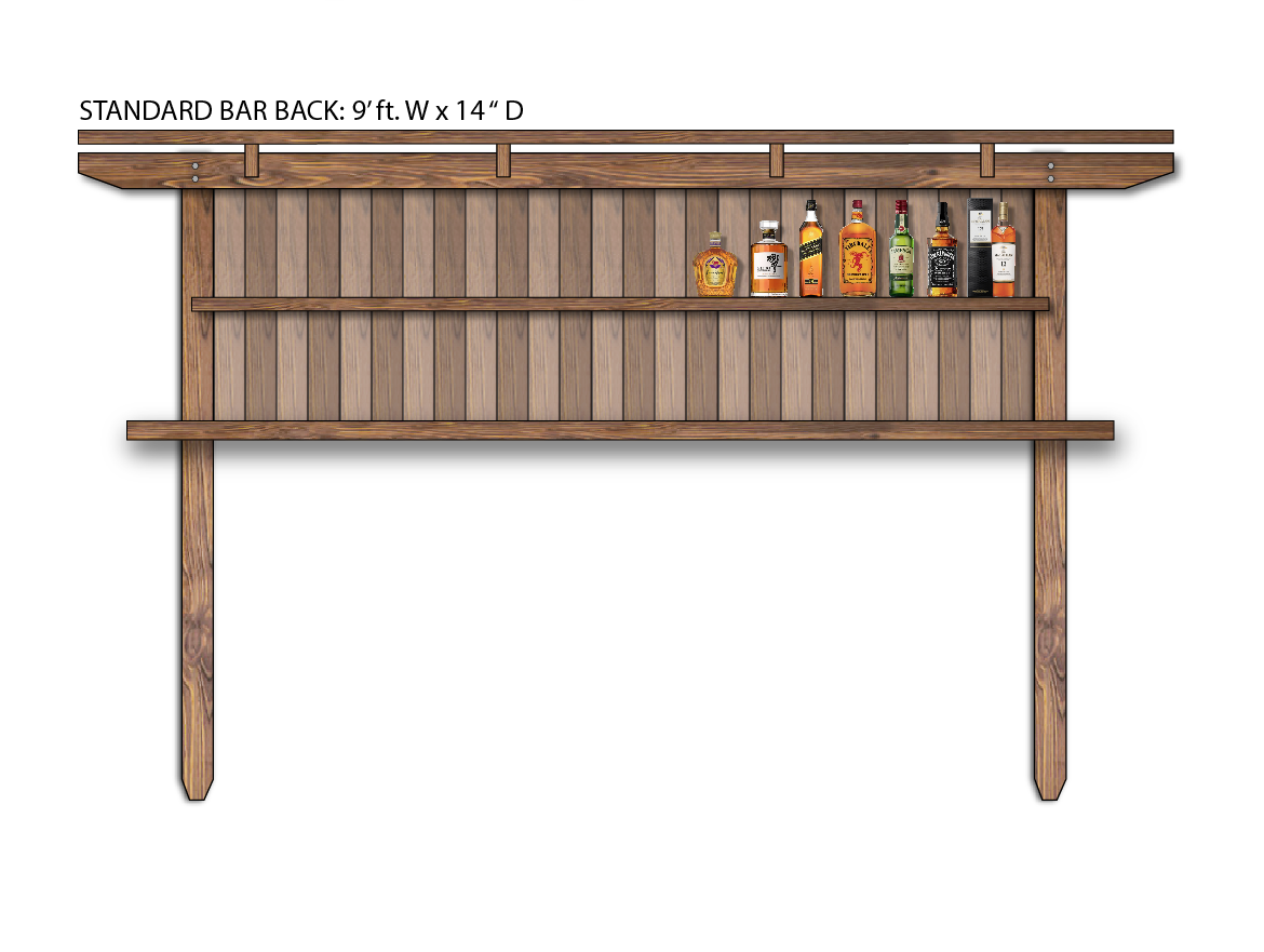 Solid wood outdoor bar backing finished in espresso featuring shelves with bottles