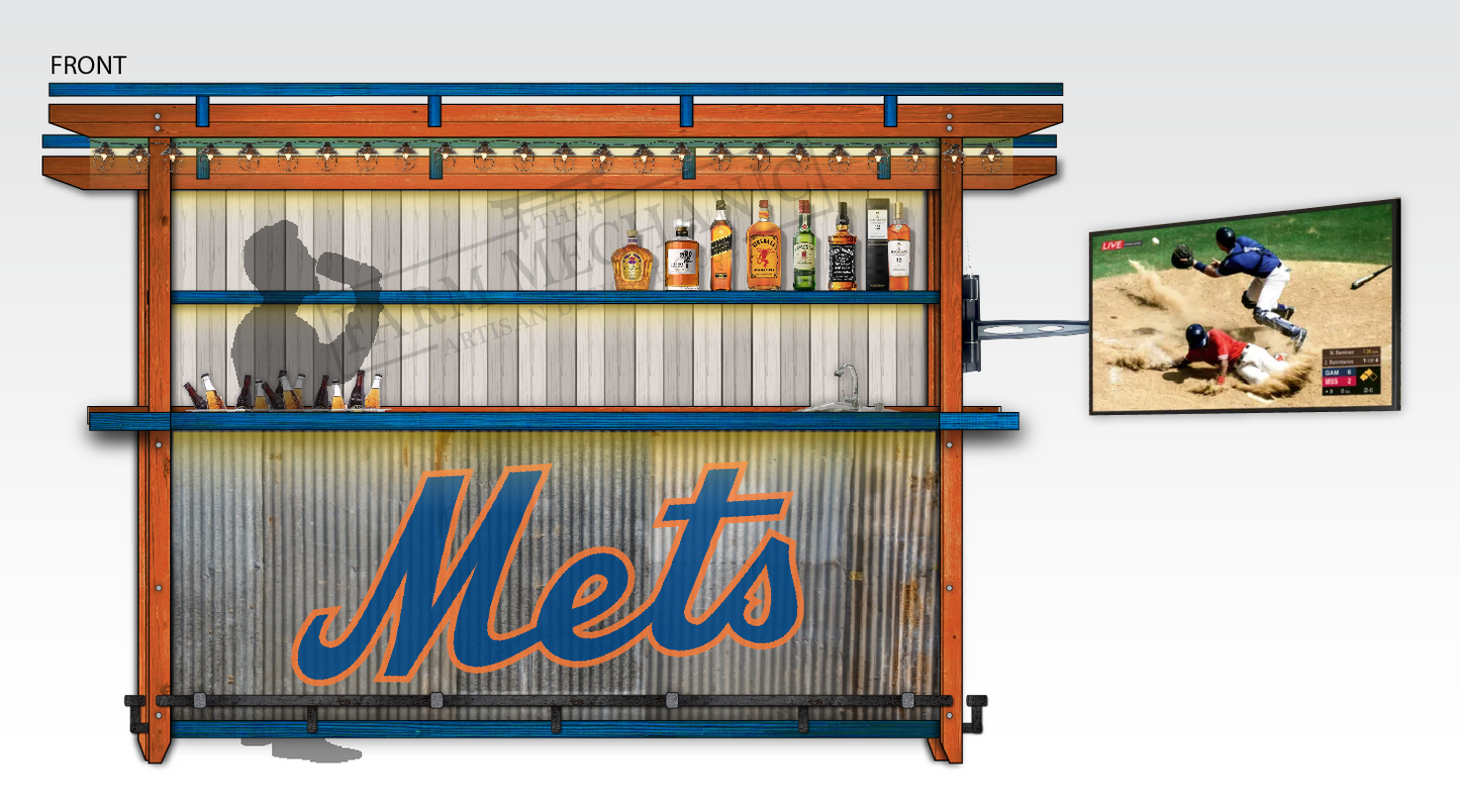 An outdoor bar made of solid wood finished in orange and blue with a galvanized steel front with Mets team logo, featuring shelves of bottles, a flat screen TV and a cooler with beer.