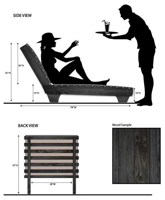 A silhouette of a person sitting on a FSC-certified solid wood contemporary lounge chair with dimensions and a wood sample shown.