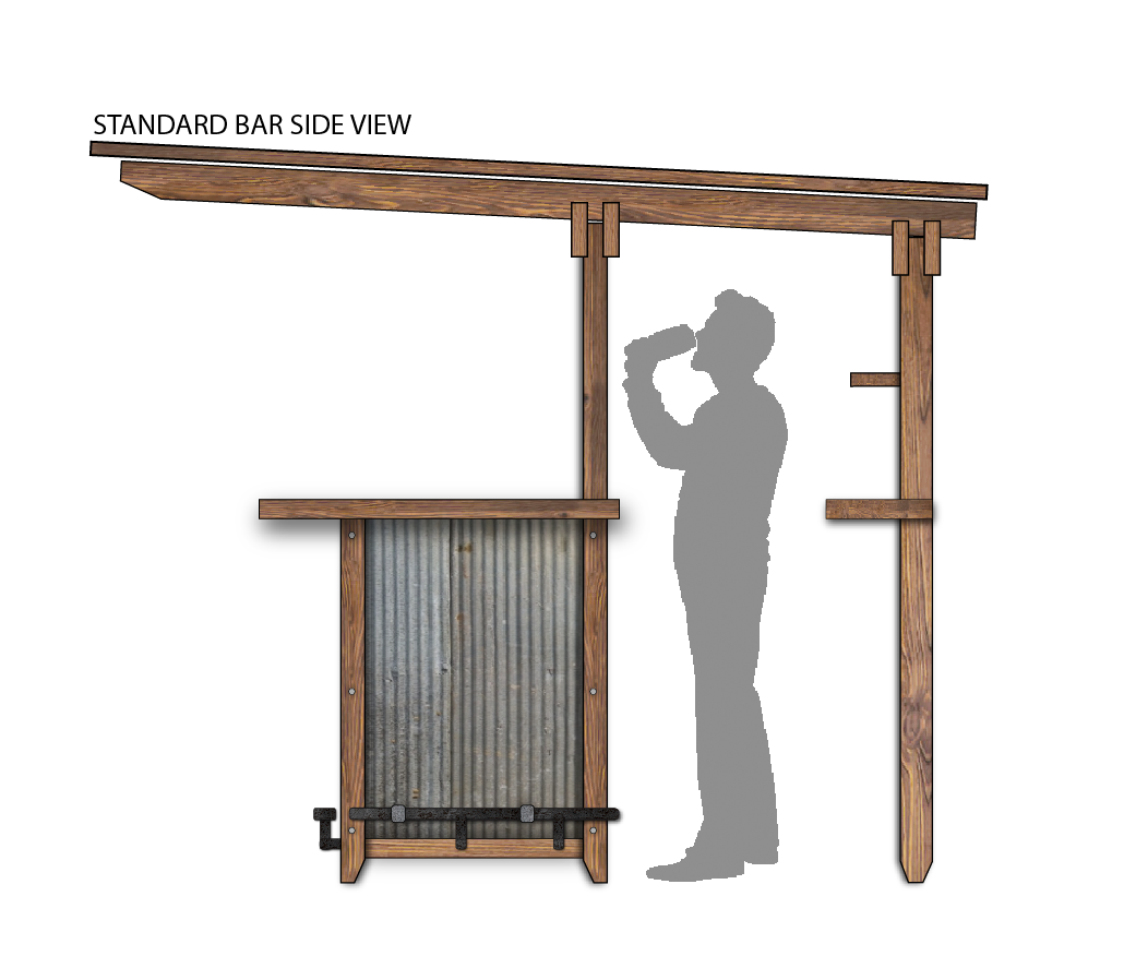 Side view of an outdoor bar made of solid wood finished in espresso with galvanized steel sides, featuring shelves and black pipe footer.