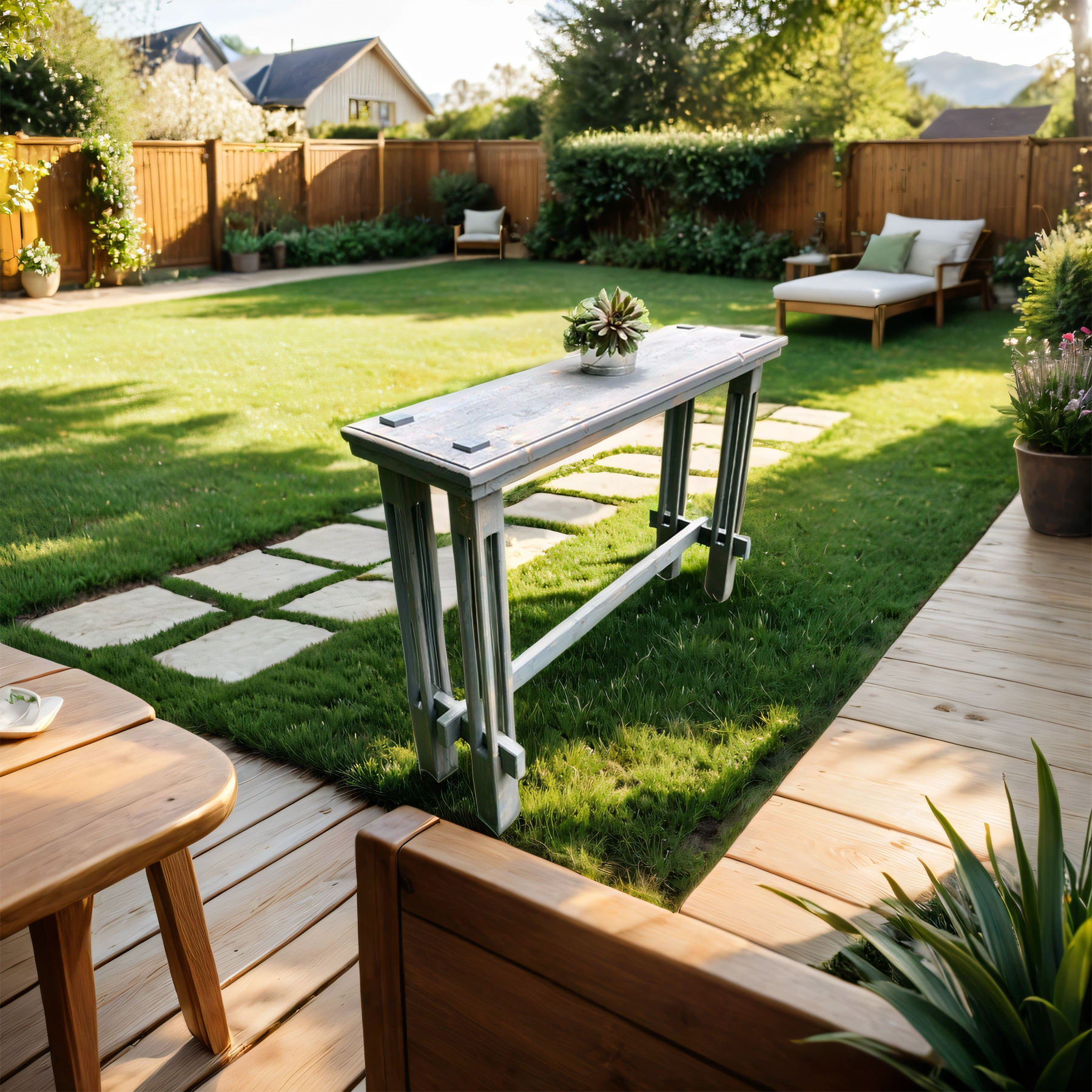 No hardware, no tool effortlessly assembled solid wood bistro table for outdoor use place on grass in between stone path and deck with greenery and mountains in the background.