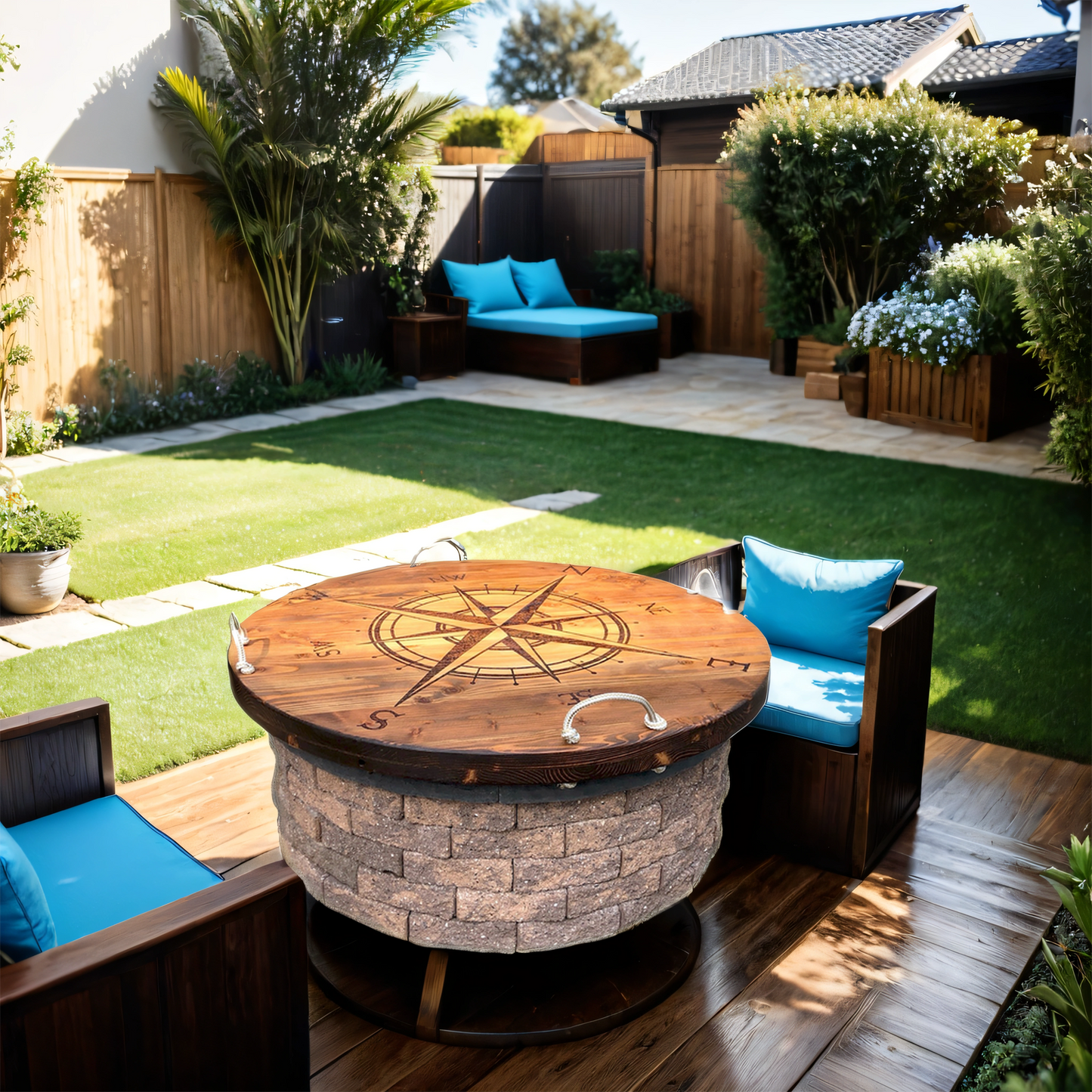 A solid wood fire pit cover that converts into a table with a nautical theme, featuring an oversized compass design, placed on a wooden deck with furniture around it and greenery in the background