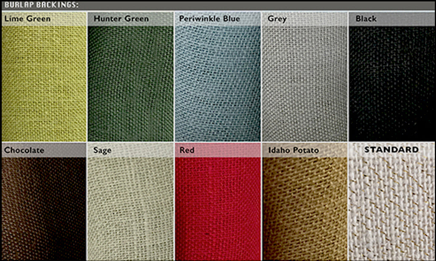 Burlap backing color selection fpr three-sided glass wedding bouquet display case.