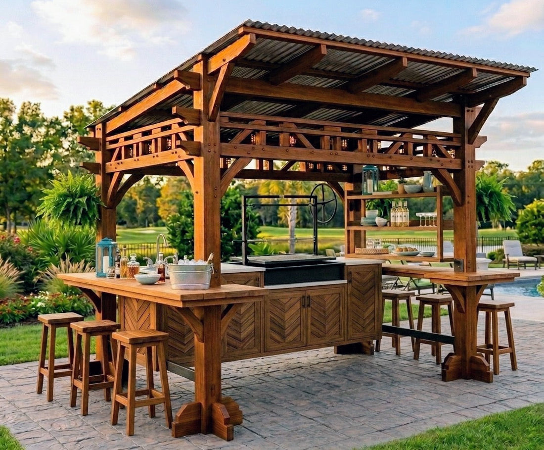 Modular outdoor grill station with wood-fired cooking surface, built with hardware-free joinery by The Farm Mechanic