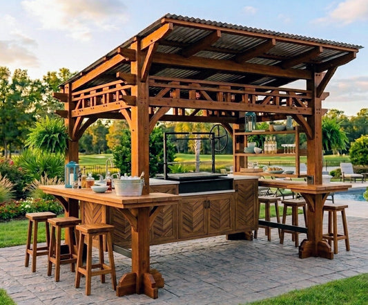 Modular outdoor grill station with wood-fired cooking surface, built with hardware-free joinery by The Farm Mechanic