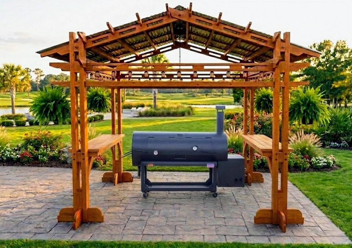 
Freestanding solid wood grill gazebo with galvanized steel roof and integrated floating prep surfaces, by The Farm Mechanic