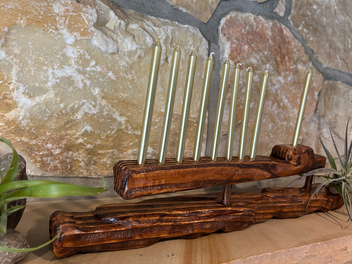 Living Sculpture Chanukah Menorah 8- Solid Wood with Air Plants