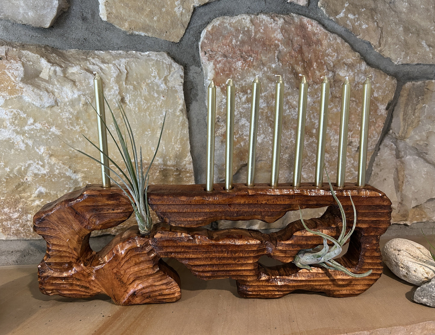 Living Sculpture Chanukah Menorah 5- Solid Wood with Air Plants