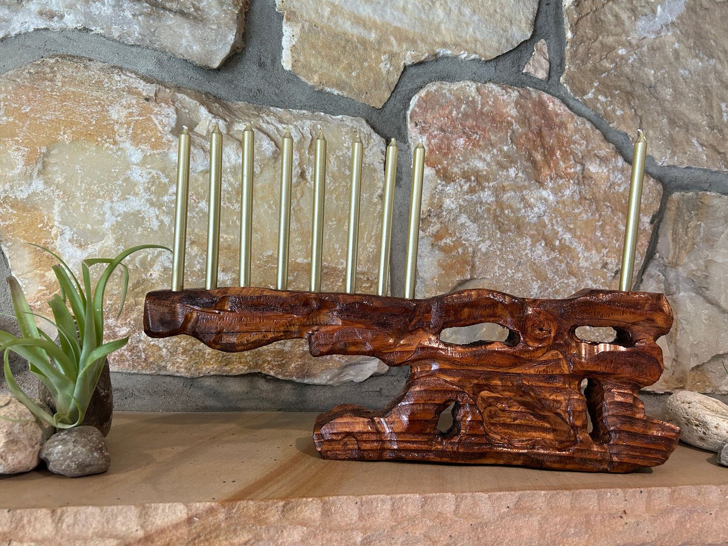 Living Sculpture Chanukah Menorah 7- Solid Wood with Air Plants