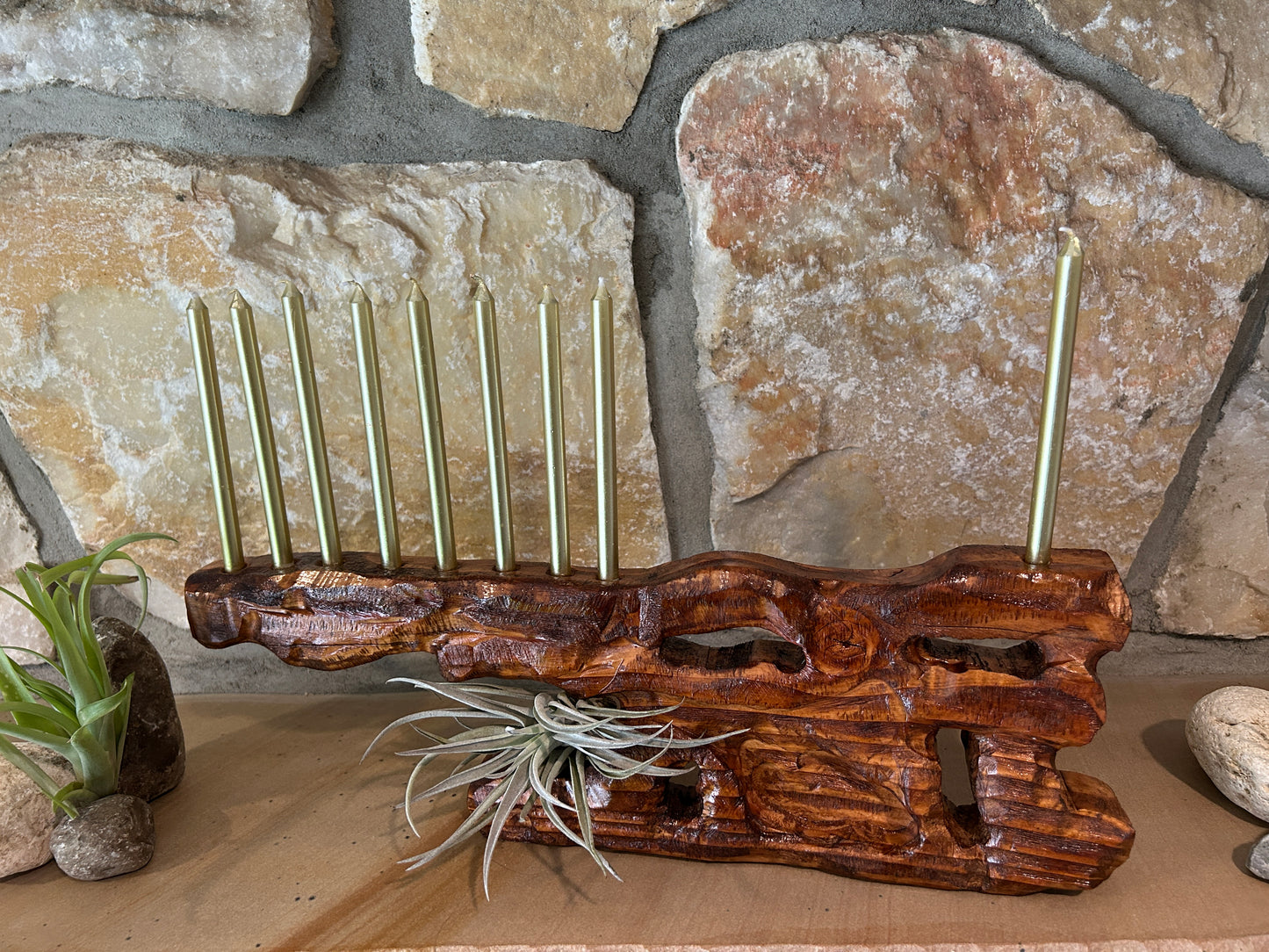 Living Sculpture Chanukah Menorah 7- Solid Wood with Air Plants