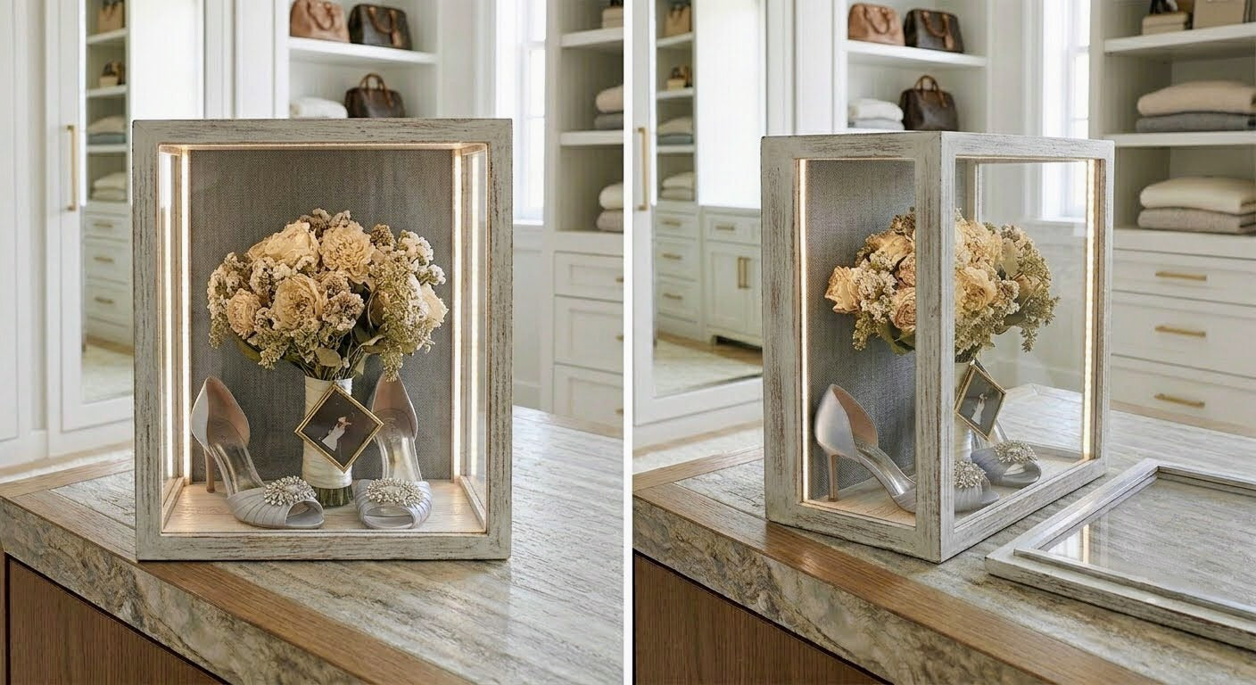 Wedding Bouquet  3-Sided Glass Display Case, 10”W x 16”H x 11"D with Wooden Bouquet Dowel