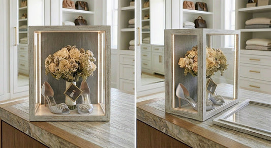 Wedding Bouquet  3-Sided Glass Display Case, 10”W x 16”H x 11"D with Wooden Bouquet Dowel