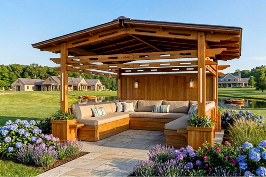 TFM Contemporary Gazebo with Planters and Privacy Wall