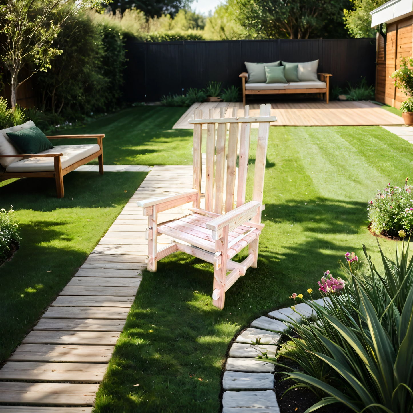 A high back solid wood outdoor statement chair with an interlocking frame, placed on grass in between  a wood walkway and garden with outdoor furniture in the background.