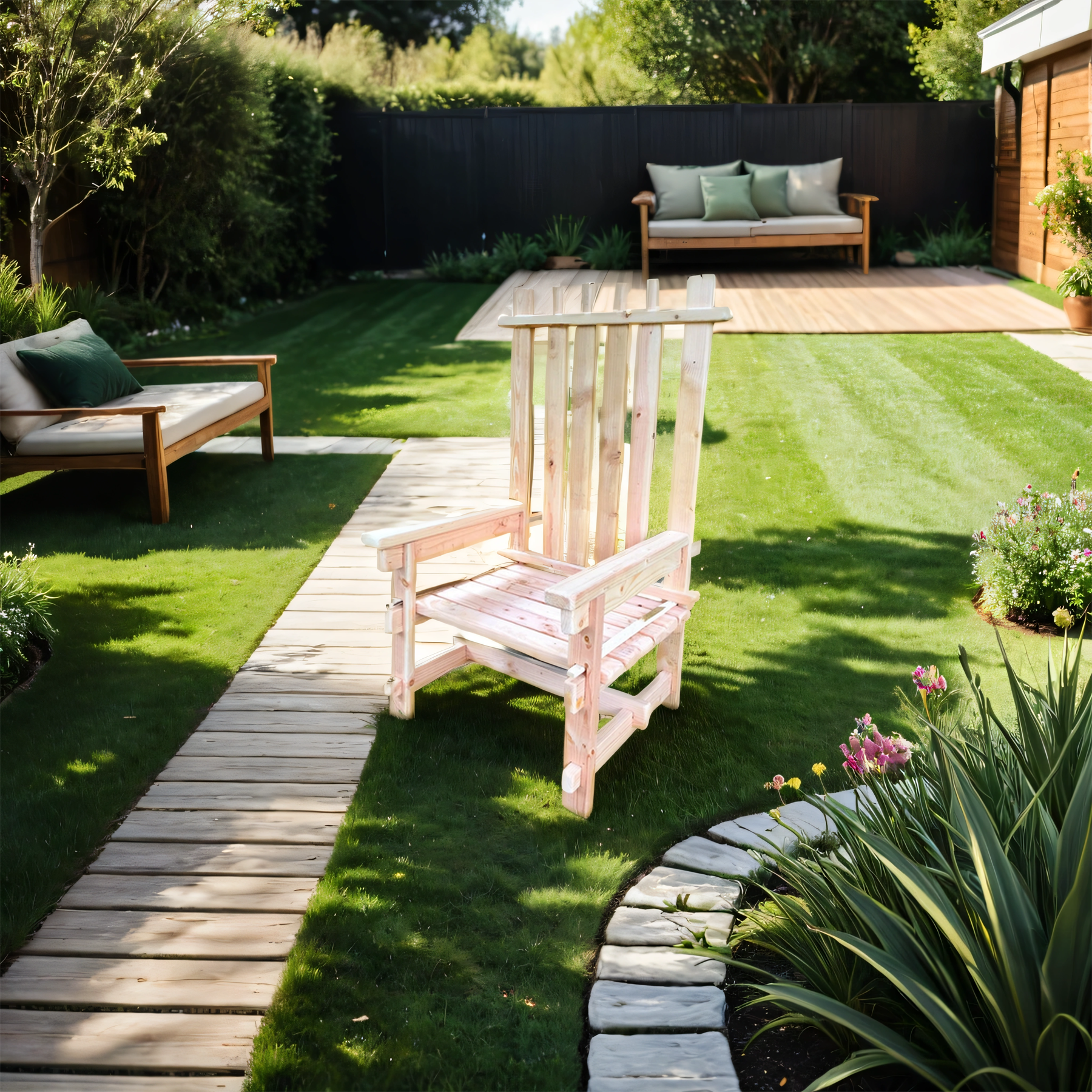 A high back solid wood outdoor statement chair with an interlocking frame, placed on grass in between  a wood walkway and garden with outdoor furniture in the background.