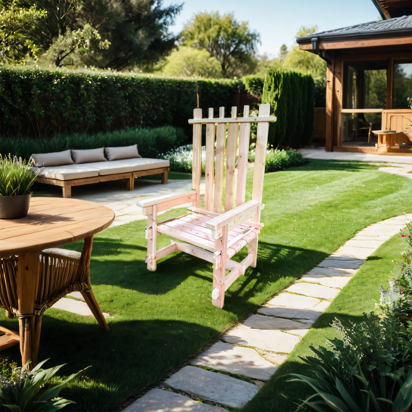 A high back thermally modified solid wood outdoor chair with an interlocking frame, placed on grass next to a stone path with greenery and house in the background.