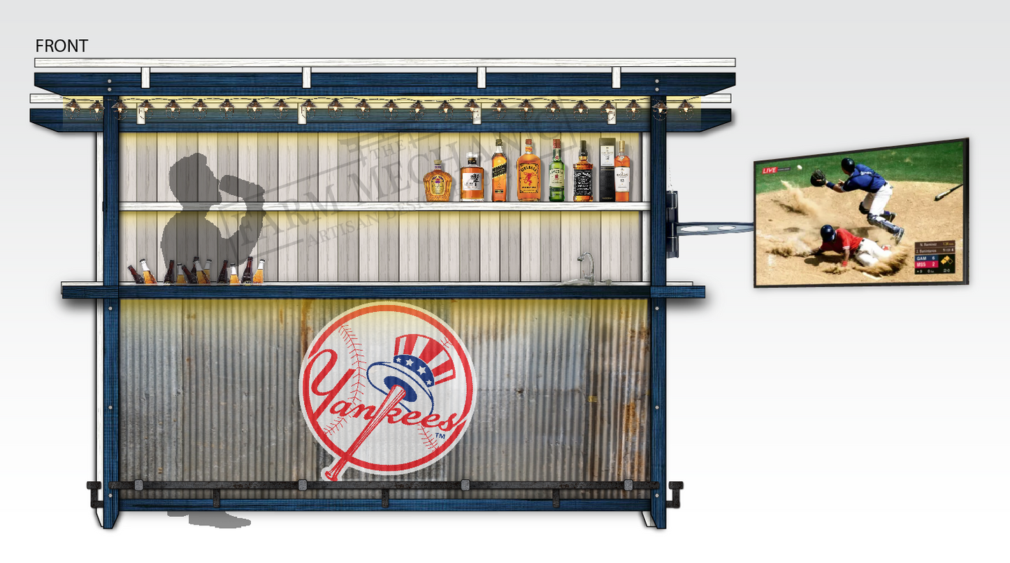 An outdoor bar made of solid wood finished in blue with a galvanized steel roof and front with Yankees team logo, featuring shelves of bottles, a flat screen TV and a cooler with beer.