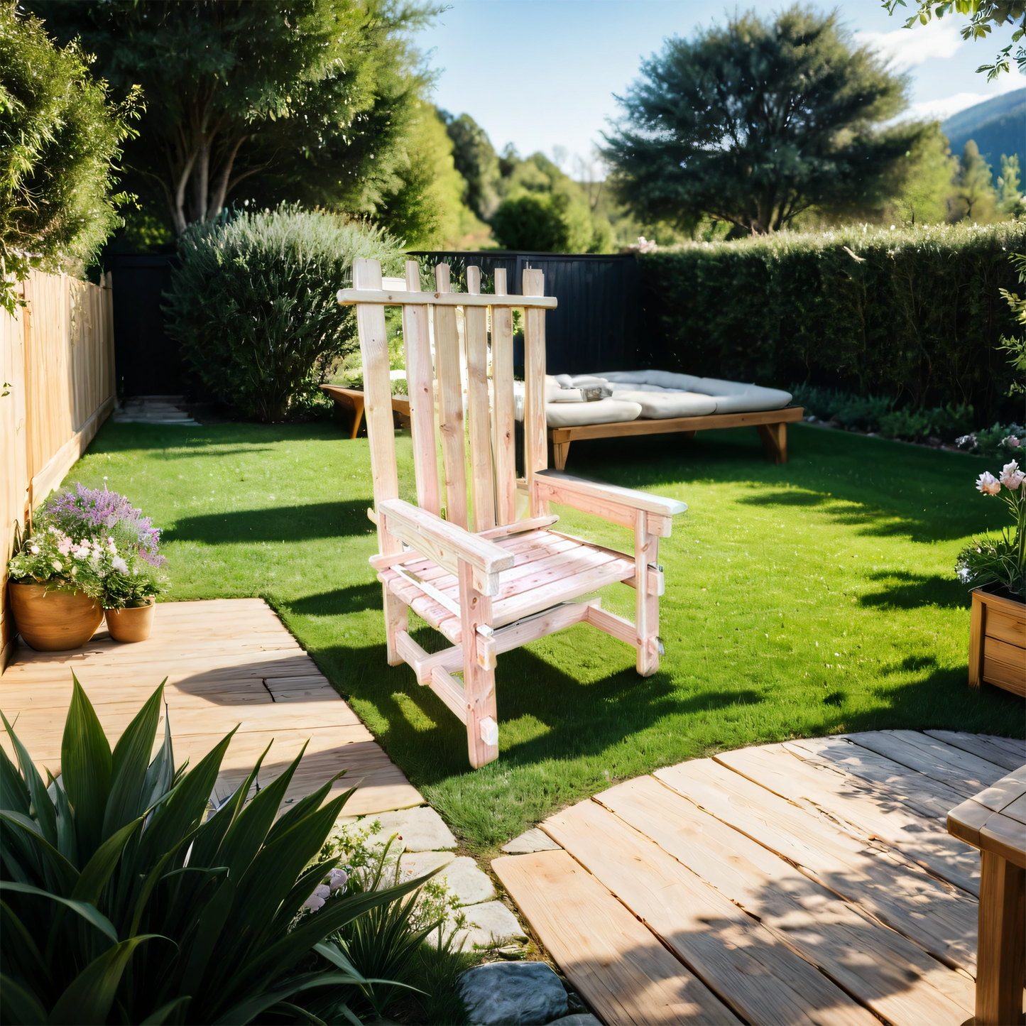 A high back solid wood outdoor statement chair with an interlocking frame, placed on a garden path with a green lawn and outdoor furniture in the background.