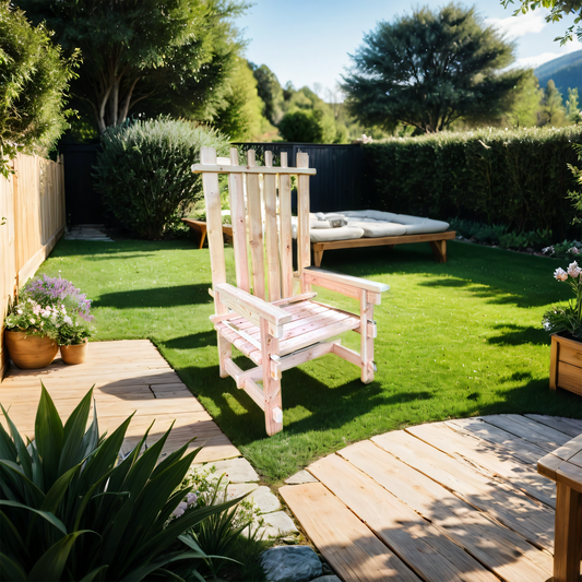 A high back solid wood outdoor statement chair with an interlocking frame, placed on a garden path with a green lawn and outdoor furniture in the background.