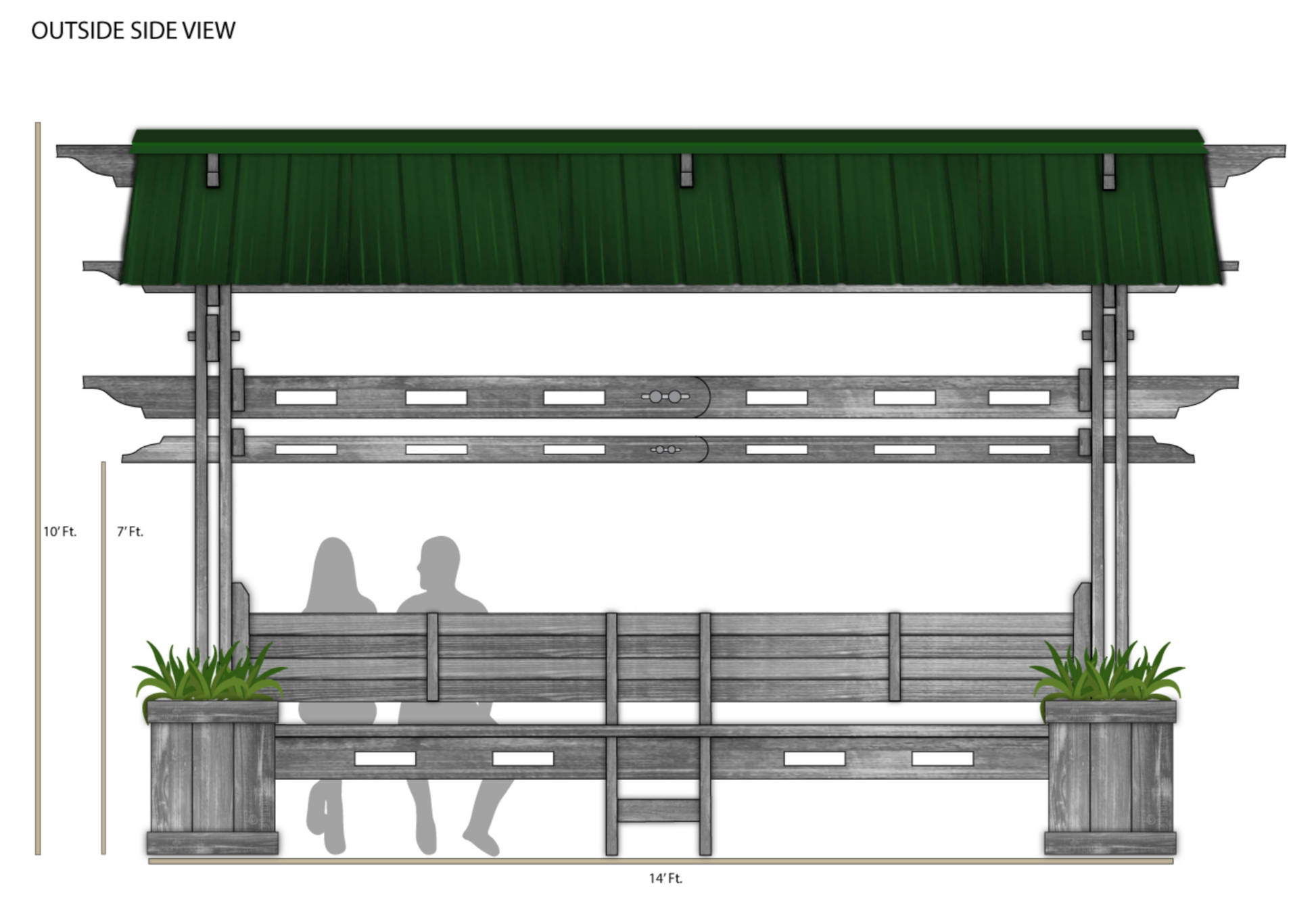 Outside side view of solid FSC-certified wood gazebo with planters and a privacy wall, featuring a galvanized steel roof.