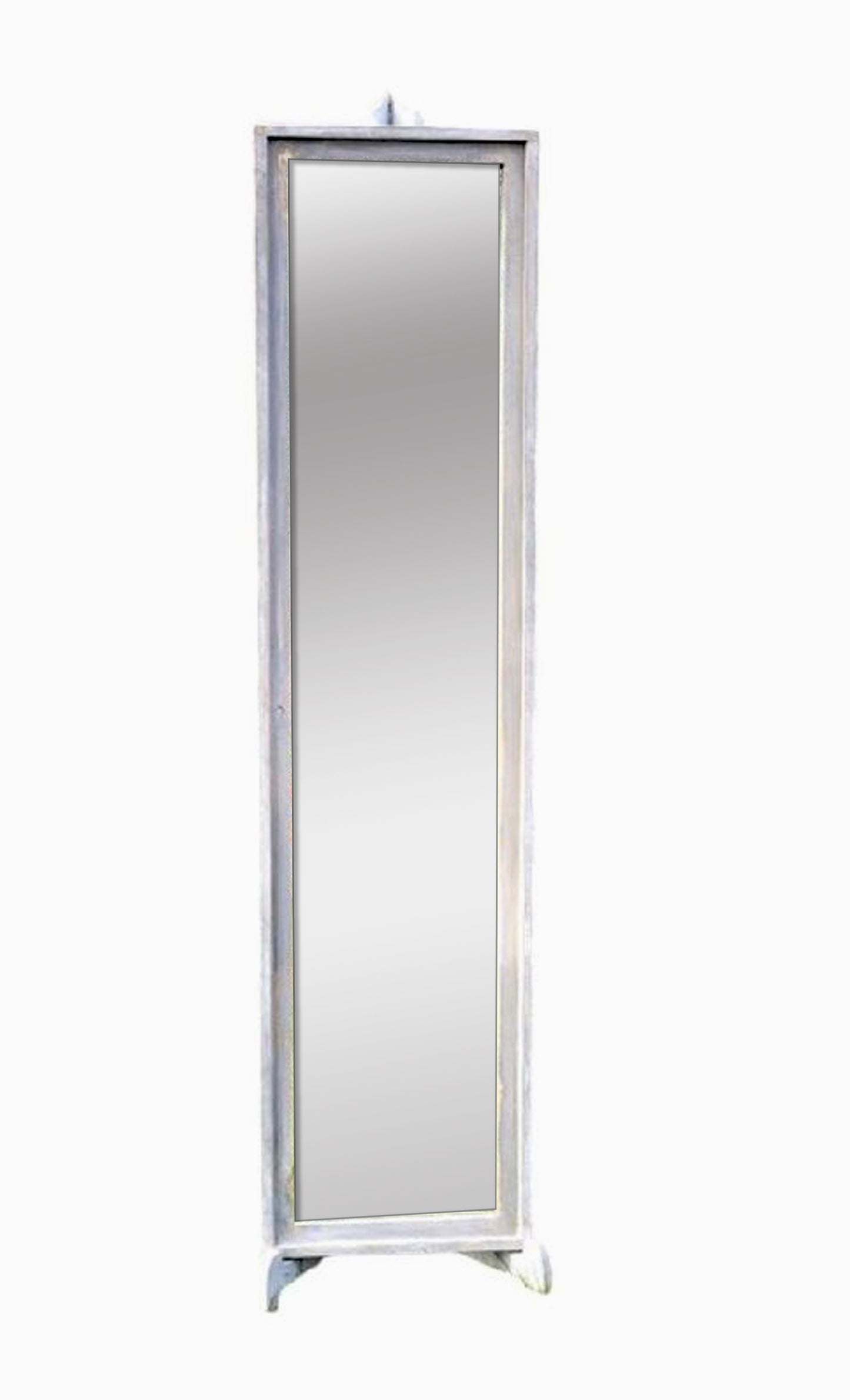 Front view of a slender floor mirror with a sculpted easel stand, placed on a white background.
